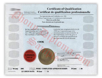 Cooks Red Seal Certificate - Fake Diploma Sample from Canada
